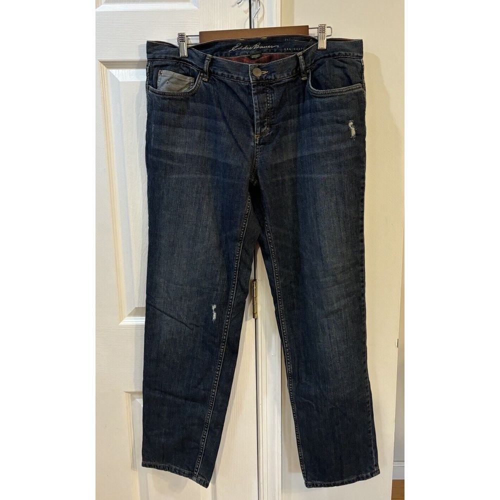 Eddie Bauer Relaxed Flannel Lined Jeans Women's Sz 14‎ Straight Leg Distressed
